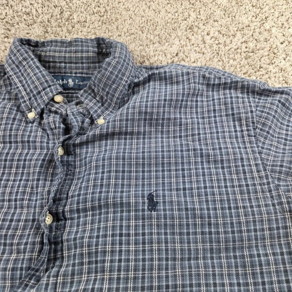 Polo Ralph Lauren Shirt Mens Plaid Blue Flannel Outdoors Long Sleeve Button Up